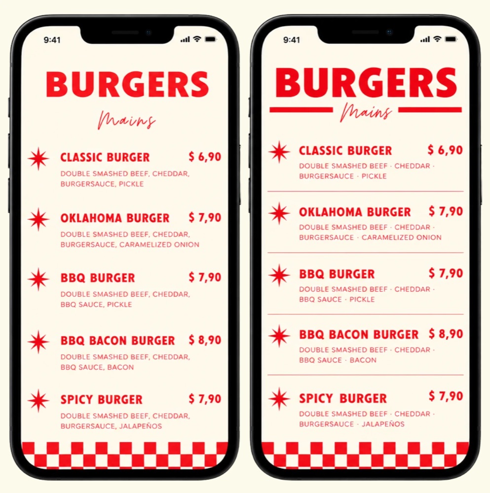 Twee smartphones met een rood-crème digitale burgermenukaart